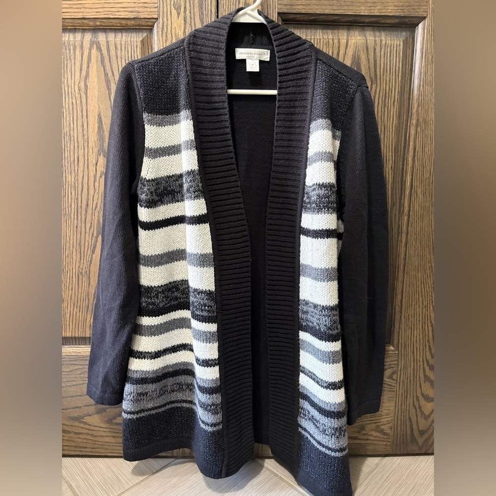 Christopher & Banks Black, White & Gray Striped Open Cardigan